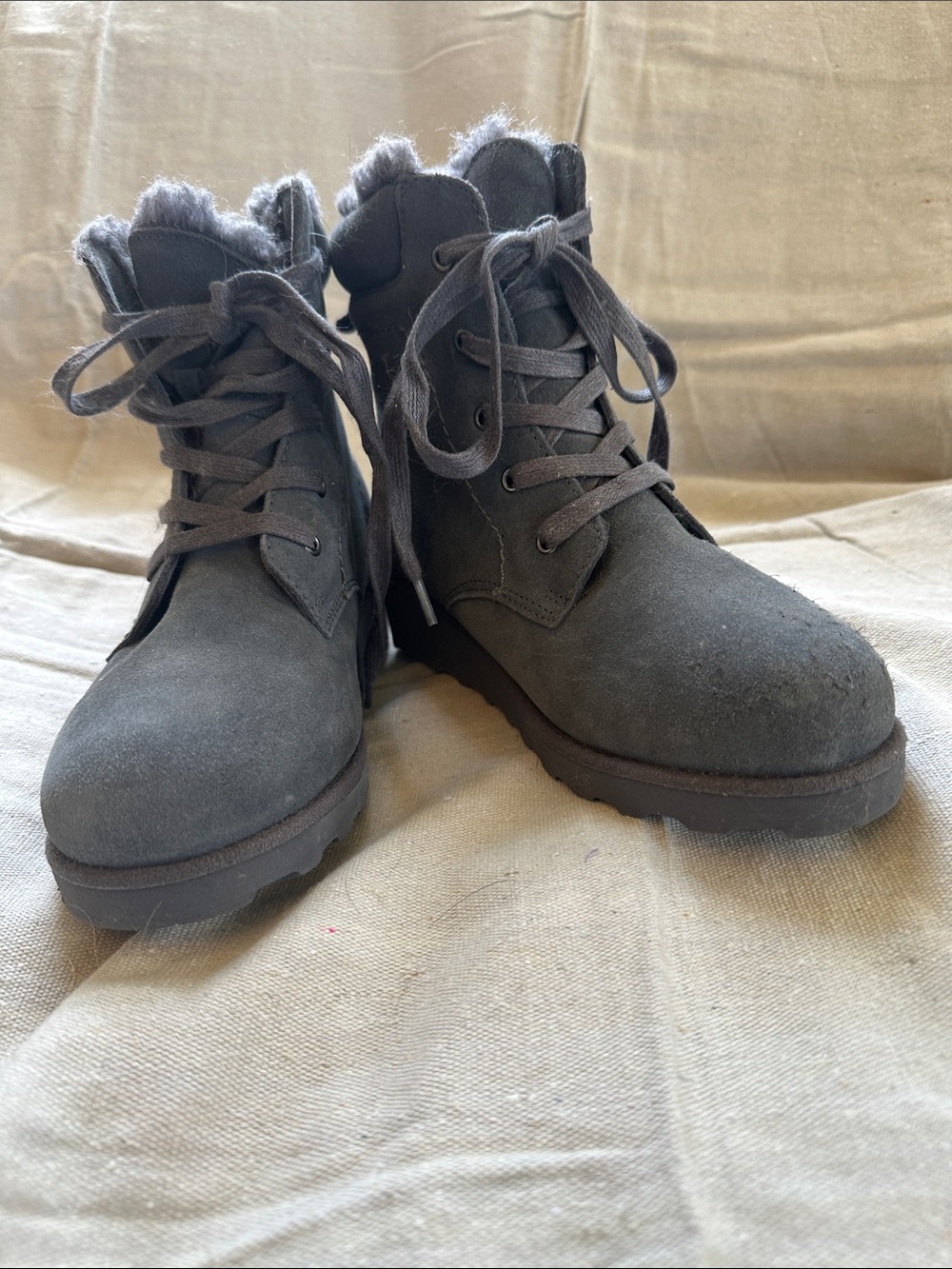 BearPaw Charcoal Gray Lace-Up Suede Ankle Boots with Faux Fur Trim